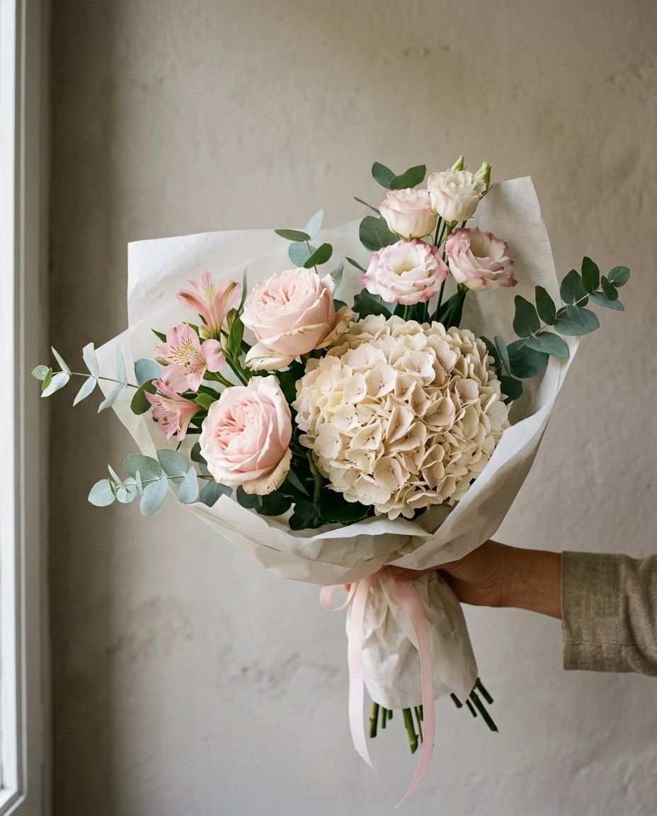 Gràcia: Hortensia, 3 rosas pastel, 3 lisianthus, 3 alstroemerias y eucalipto