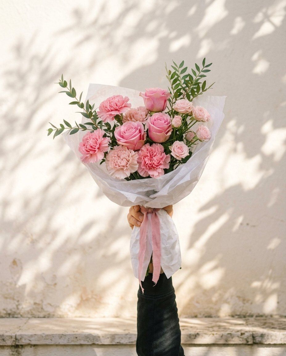 Rambla: 7 claveles, 3 rosas y 3 ramas de rosa ramificada en rosas suaves