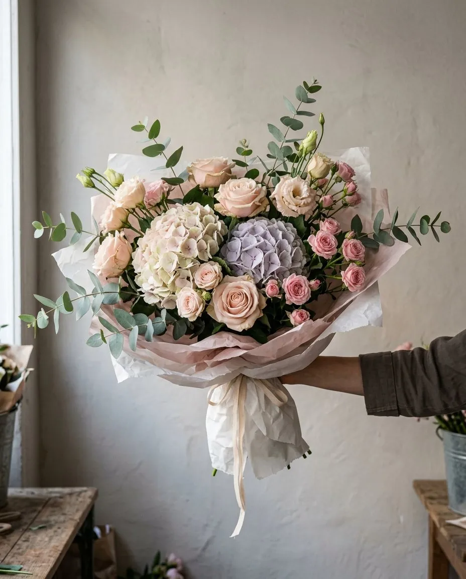 Ramo grande con hortensias crema y lavanda, rosas y lisianthus en tonos pastel y eucalipto, envuelto en papel claro y sostenido con una mano