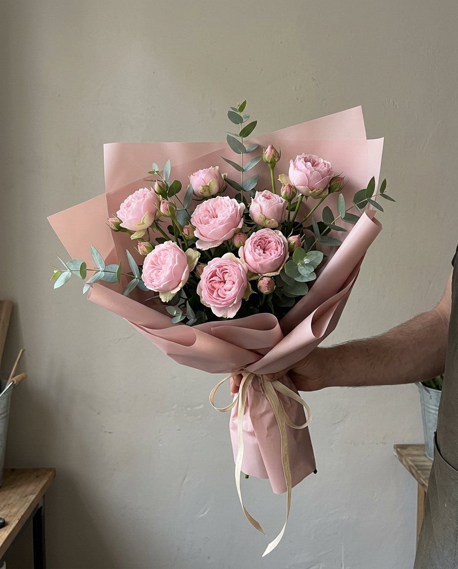 Rosas de jardín ramificadas: 7 ramas de rosa de jardín ramificada (tipo Mansfield Park) con eucalipto