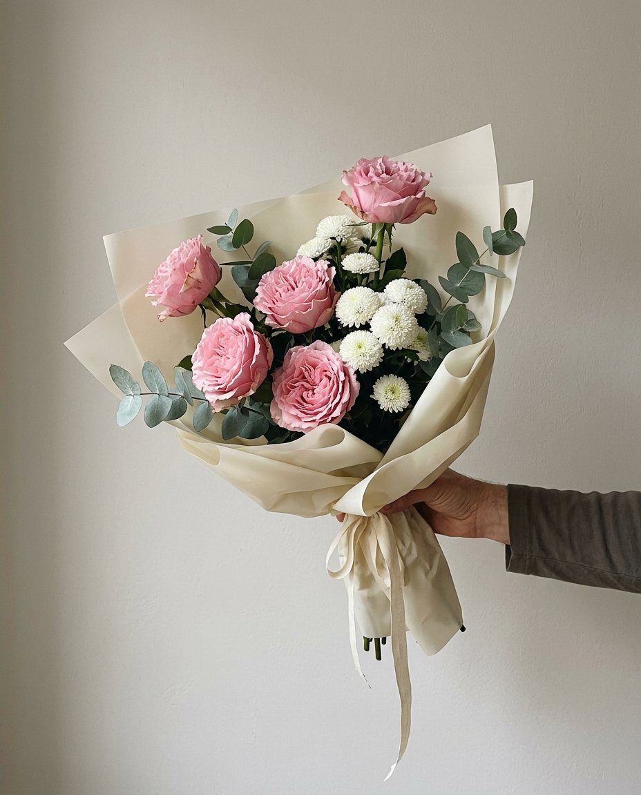 Rosas francesas y pompones: 5 rosas de pétalo ondulado y 5 ramas de crisantemo pompón blanco
