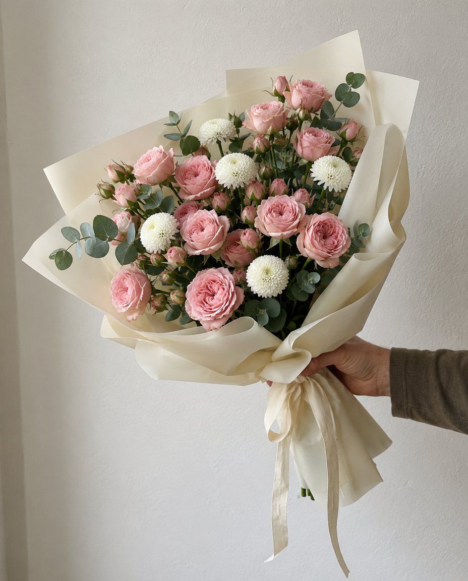 Garden roses and pompons: 5 stems of Royal Blush Charm spray garden roses and 5 stems of white pompon chrysanthemums with eucalyptus