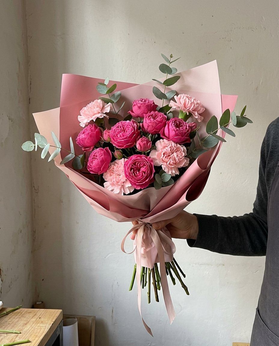 Rosas de jardín y claveles: 7 ramas de rosa de jardín fucsia y 7 claveles rosa con eucalipto