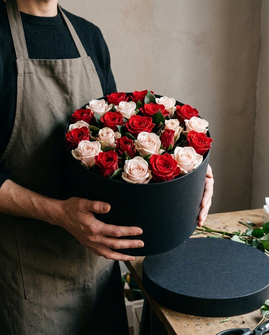 Sombrerera con 25 rosas: 25 rosas en caja redonda con tapa, sin necesidad de jarrón