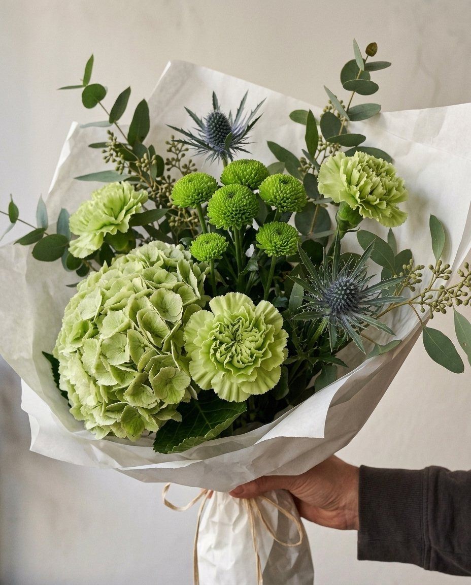 Verd Mojito: Hortènsia verda, clavells verds, pompons i eryngium