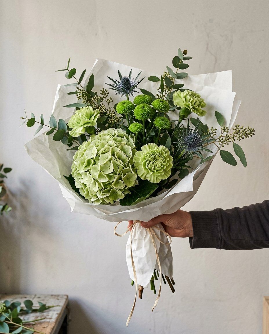 Verd Mojito: Hortènsia verda, clavells verds, pompons i eryngium