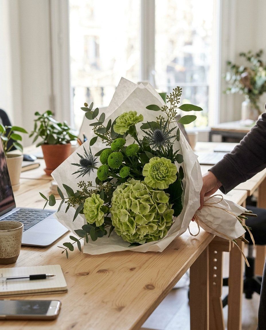 Verd Mojito: Hortènsia verda, clavells verds, pompons i eryngium
